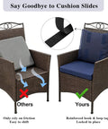 Comparison of chair with sliding cushion and 24x24 Inch Waterproof Patio Chair Cushion with hook and loop fastener on wicker chair.