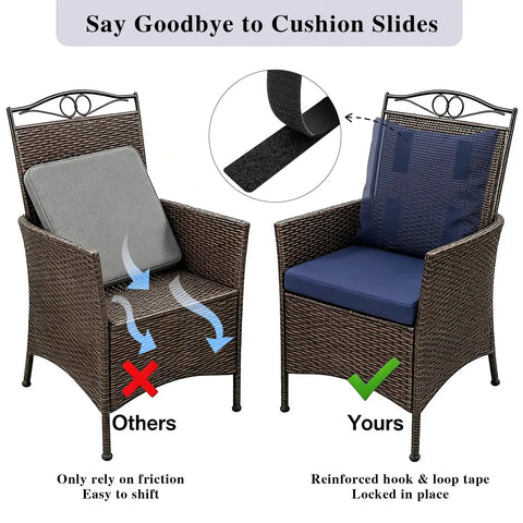 Comparison of chair with sliding cushion and 24x24 Inch Waterproof Patio Chair Cushion with hook and loop fastener on wicker chair.
