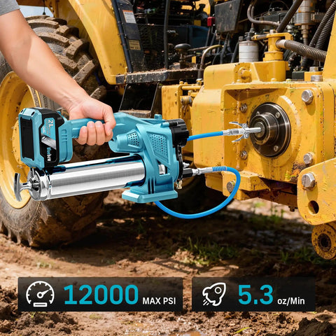 Teal Electric Cordless Grease Gun Kit with 12,000 PSI Max Pressure, 39.4 Inch Hose shown lubricating machinery