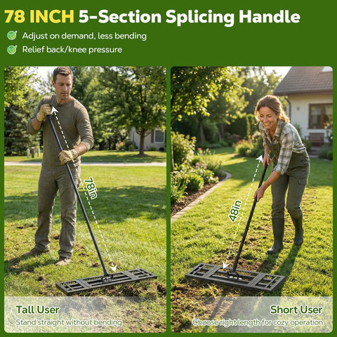Two In One Lawn Leveling Rake With Dual Sided Design 32 By 10 Ground Plate And 78 Inch Adjustable Handle used by people.