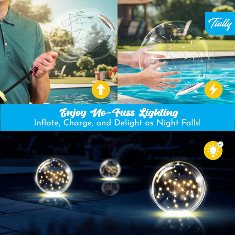 Fairy Floating Pool Lights Solar Powered 14 Inch Inflatable Waterproof LED Glow Balls For Pool Parties And Nighttime Swim Vibes Bright Outdoor Decor Easy Float And Light Up 2 Pack displayed in pool and garden settings.