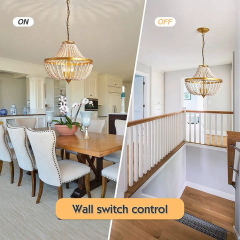 Three Light Boho Wood Beaded Gold Chandelier for Rustic Farmhouse Style Pendant Light Fixture with Cozy Vibe and Warm Glow Ideal for Dining Room Living Room Bedroom Hallway and Entryway
