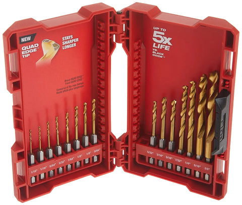 TiN Shockwave 15 Piece Titanium Drill Bit Set For Impact Tools With Red Helix, Variable Helix Flute, And Chip Breaker To Slash Heat Build Up And Keep Bits Sharp For Pros And DIYers