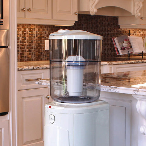 GWF8 Water Filtration System For Top Load Dispensers White No Brainer Filter in kitchen setting on dispenser