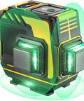 Close-up of Self Leveling Laser Level With 3x360 3D Cross Lines Green Beam Rechargeable Layout Tool showing dual green lasers