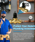1-1/4-in NR3XL brass pressure-reducing valve with NPT threads and black cap, installed on copper piping