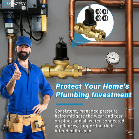 1-1/4-in NR3XL brass pressure-reducing valve with NPT threads and black cap, installed on copper piping