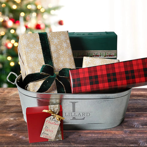 Personalized Galvanized Beverage Tub With Name And Initial For Parties, Custom Drink Cooler, 5.5 Gallons, Backyard Bar Must-Have For Chill Get-Togethers, Keeps Drinks Ice Cold And Party Ready filled with wrapped gifts.