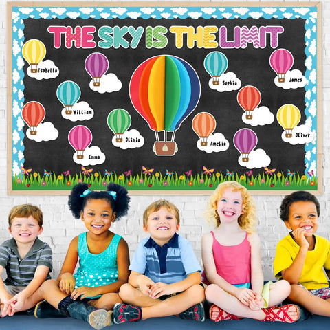 3D Hot Air Balloon Bulletin Board Set With Totally Colorful Name Tags For Back To School Classroom Decor with cutouts and borders
