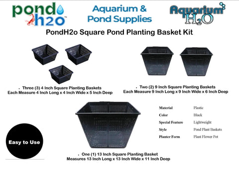 Square Mesh Pond Plant And Flower Baskets Set For Aquaponics And Hydroponics Slotted Plastic Net Cup Pots In 4By4By5 9By9By6 And 13By13By11 Inch Deep Sizes Value 6 Pack For Water Garden Boost product display
