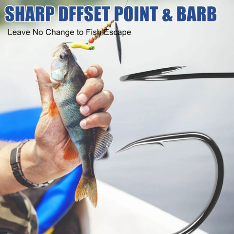 Angler holding fish with 150 PCS J Hooks With Baitholder Long Shank Bait Holder Hook 2 Shank Offset High Carbon Steel