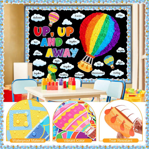 Hot Air Balloon Bulletin Board Set With 57 Pieces Including Balloons And Clouds Borders Letters And Crepe Paper Rolls For Back To School Classrooms Windows Walls And Doors Decor Kid Friendly Fun Preschool Elementary Summer