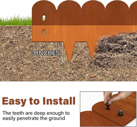 Cor Ten Steel Landscape Edging Kit 20 Ft with Rustic Scalloped Metal Border installation showing 3-inch depth and assembly.