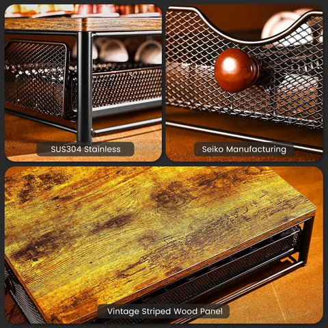 Wood and Iron Coffee Pod Holder Organizer for Drawer showing stainless steel frame, wood panel, and mesh design.