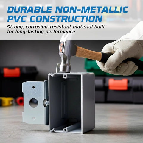 Heavy Duty Adjustable Pvc Outlet Box Four Pack With Secure Mounting Brackets For Switches Gfci And Duplex Receptacles Fire Rated Wall Housing hard as nails, gray PVC box with hammer for installation.