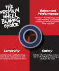 Premium wheel bearing displayed with text highlighting performance and safety; Wheel Bearing Seal Kit For Kawasaki Yamaha Replacement Set Built Tough With Triple Lip Seals And Stainless Steel Garter Spring ABEC 3 High Speed Bearings Chevron SRI 2 Grease With Rust Inhibitors Includes Two Bearings.
