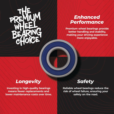 Premium wheel bearing displayed with text highlighting performance and safety; Wheel Bearing Seal Kit For Kawasaki Yamaha Replacement Set Built Tough With Triple Lip Seals And Stainless Steel Garter Spring ABEC 3 High Speed Bearings Chevron SRI 2 Grease With Rust Inhibitors Includes Two Bearings.