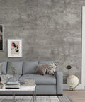 Living room with 24 By 354 Inch 3D Wide Concrete Wallpaper Peel And Stick Self Adhesive Vinyl Wrap In Light Grey Cement Texture on wall.