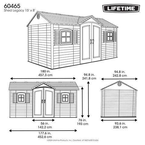 Illustration of Desert Sand Outdoor Storage Shed 15x8 ft resin material with lockable doors and UV protected panels.