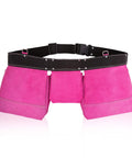 Front view of Pink Genuine Leather Tool Belt Pouch Bag for Carpenters and Electricians with 11 pockets and 2 steel hammer holders.