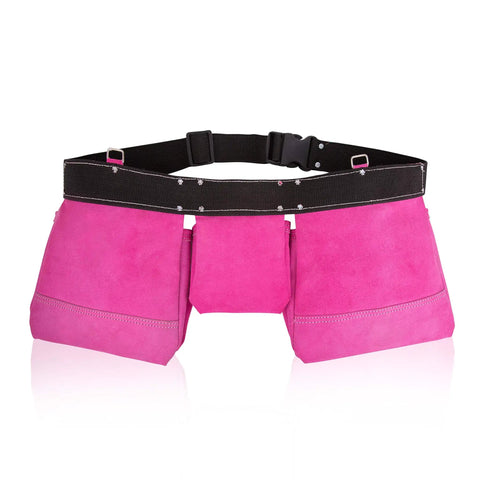 Front view of Pink Genuine Leather Tool Belt Pouch Bag for Carpenters and Electricians with 11 pockets and 2 steel hammer holders.