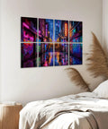 8 Pack Peel And Stick Acoustic Wall Panels With Neon Graffiti City Skyline Design Premium Polyester Fiber Sound Absorbing Foam Tiles For Recording Booths And Home Office Level Up Your Rig displayed on wall in a modern bedroom.