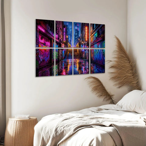 8 Pack Peel And Stick Acoustic Wall Panels With Neon Graffiti City Skyline Design Premium Polyester Fiber Sound Absorbing Foam Tiles For Recording Booths And Home Office Level Up Your Rig displayed on wall in a modern bedroom.