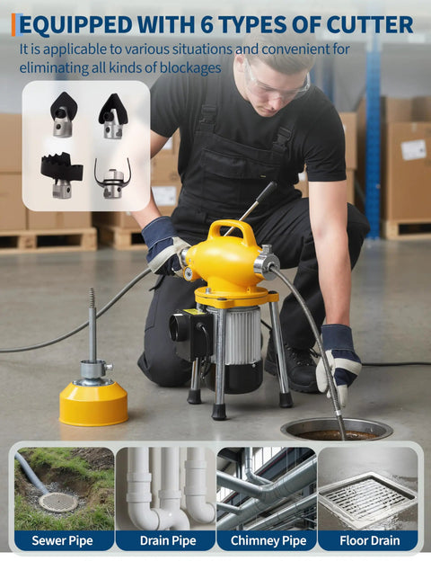 Heavy Duty Auto Feed Electric Drain Cleaner 500W Plug Chucker Powerhouse using various cutters on floor drain.