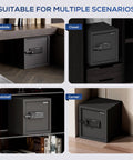 Biometric Safe Box With Fireproof Bag, Quick-Access Fingerprint Sensor in various home settings: bedside, closet, bookshelf, corner.