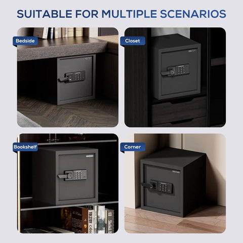 Biometric Safe Box With Fireproof Bag, Quick-Access Fingerprint Sensor in various home settings: bedside, closet, bookshelf, corner.