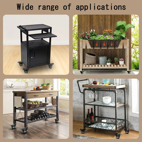 Four Piece Heavy Duty Polyurethane Swivel Casters With Solid Locking Brakes Smooth As Silk Rolling 1.5 Inch Wheels on various furniture carts.