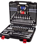 Heavy-Duty 200 Piece Mechanic Tool Set With 1/4, 3/8, And 1/2 Inch Drive Sockets, SAE And Metric in open case showing tools