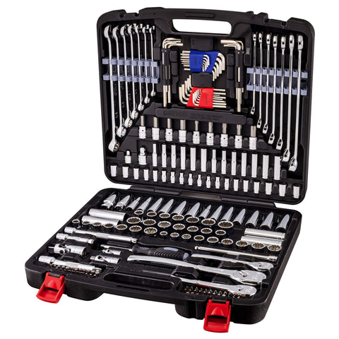 Heavy-Duty 200 Piece Mechanic Tool Set With 1/4, 3/8, And 1/2 Inch Drive Sockets, SAE And Metric in open case showing tools