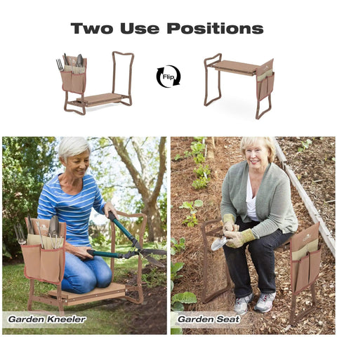 2 In 1 Garden Kneeler And Seat Folding Bench With Tool Pocket And EVA Kneeling Pad Plus Garden Gloves shown in use