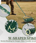 User operating Rolling Lawn Aerator With Double Spike Design, heavy duty manual tool with adjustable handle and fillable drum on grass.