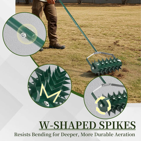 User operating Rolling Lawn Aerator With Double Spike Design, heavy duty manual tool with adjustable handle and fillable drum on grass.