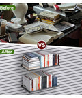 Before and after image showing book clutter resolved with Four Pack 17 By 10 Inch Metal Slatwall Shelves For Garage Or Shop Display, Rust Resistant Black Finish, Heavy Duty Wall Mounted Storage And Organization Accessories