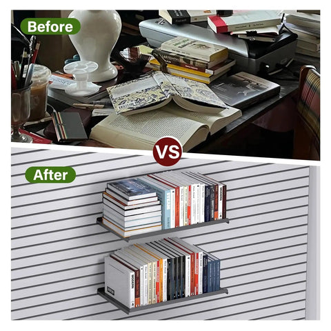 Before and after image showing book clutter resolved with Four Pack 17 By 10 Inch Metal Slatwall Shelves For Garage Or Shop Display, Rust Resistant Black Finish, Heavy Duty Wall Mounted Storage And Organization Accessories