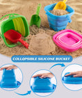 Packable Collapsible Beach Toys for Kids and Toddlers Three Pack Foldable Silicone Sand Buckets with Shovels and Mesh Storage Bag