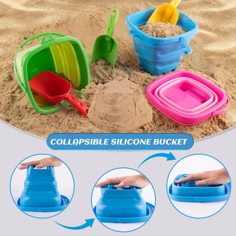 Packable Collapsible Beach Toys for Kids and Toddlers Three Pack Foldable Silicone Sand Buckets with Shovels and Mesh Storage Bag