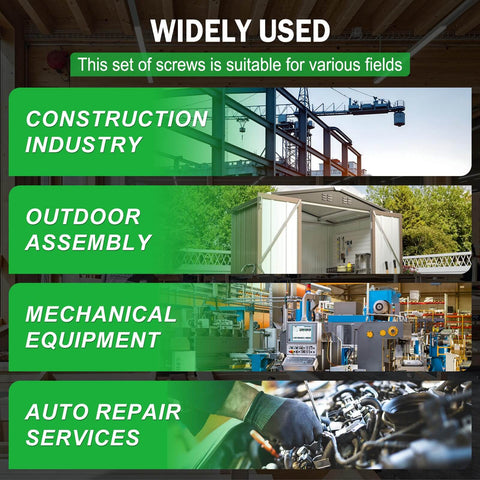 Image showing various applications of 410 Stainless Steel Wood Screw Set in construction, outdoor assembly, mechanical equipment, and auto repair.