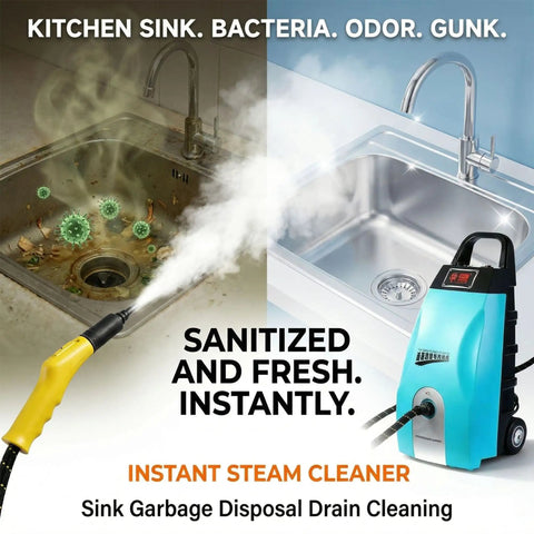 Heavy Duty Steam Cleaner With 3.5L Tank And 2500W Motor for effective sink garbage disposal cleaning, showing smoke and germs.