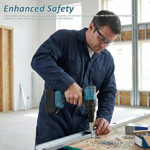 Badass Heavy Duty Cordless Pop Rivet Gun Workhorse With Smooth Pulling Action And Bright Led Light used on metal panel fitting.