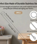 Diagram of 5-piece stainless steel loop turner set, showing features, measurements, and use for fabric turning and beading tasks.