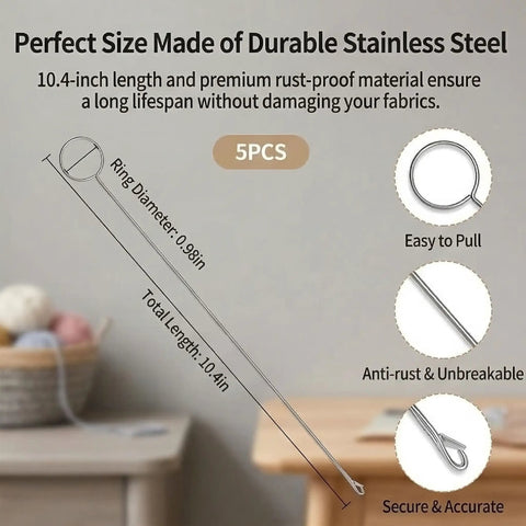 Diagram of 5-piece stainless steel loop turner set, showing features, measurements, and use for fabric turning and beading tasks.