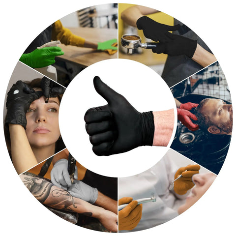Level 3 Nitrile Gloves For Pro Work, Heavy Duty Disposable, in use for hair styling, tattooing, and coffee making, central thumbs up