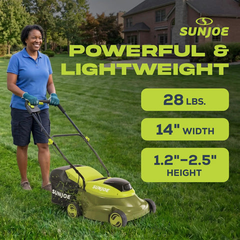 Walk-Behind Cordless Push Lawn Mower With 14 Inch Cutting Width Brushless Motor Rechargeable 4Ah Battery And Charger Green 24V For Small To Medium Lawns, 28 lbs