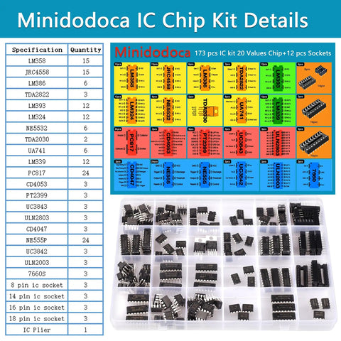 IC Chips Kit 173 Piece Op Amp ICs And Timer ICs Assortment With 12 Sockets And 20 Values Includes NE555 LM358 LM324
