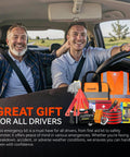 Happy drivers with All In One Car Emergency Safety Kit With Portable Air Compressor Jump Cables First Aid Kit Tire Pressure Gauge.