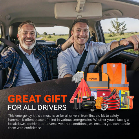 Happy drivers with All In One Car Emergency Safety Kit With Portable Air Compressor Jump Cables First Aid Kit Tire Pressure Gauge.